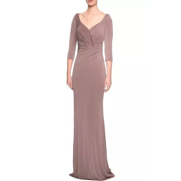 La Femme Cocoa Brown 3/4 Sleeve Ruched Jersey Column Gown Size 8 $365. 14 - Picture 1 of 12